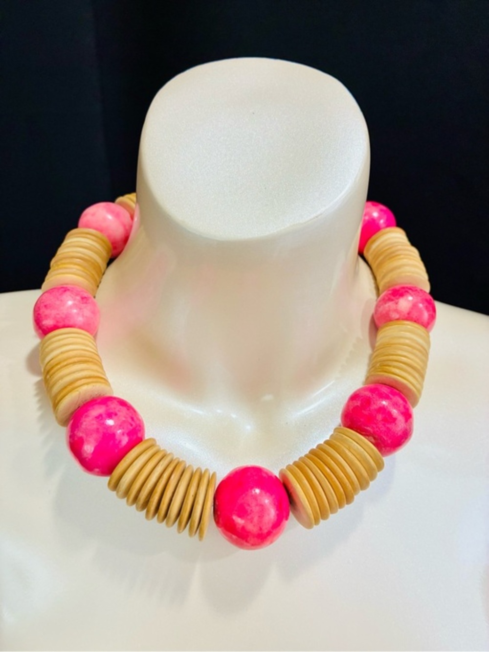 Bold Vibrant Pink & Natural Wood Beaded Statement Necklace - Women Jewelry